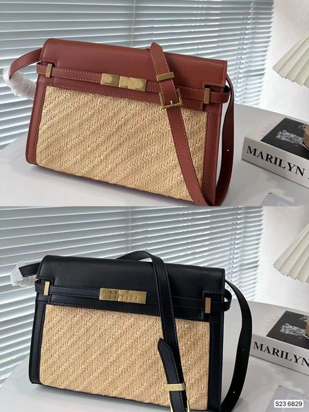 ys Manhattan Bolso tejido Bolso estéreo cuadrado Bolso Bolso de rafia natural Bolso de hombro versátil de cuero Bolso mensajero de lujo Artículo No. 6829