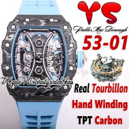 YS YSF53-01 Mens Watch Real Tourbillon Hand Winding Pablo Mac Donough TPT Carbon Fiber Case Skeleton Dial Blue Rubber Strap 2022 Super Edition Sport Eternity Watches