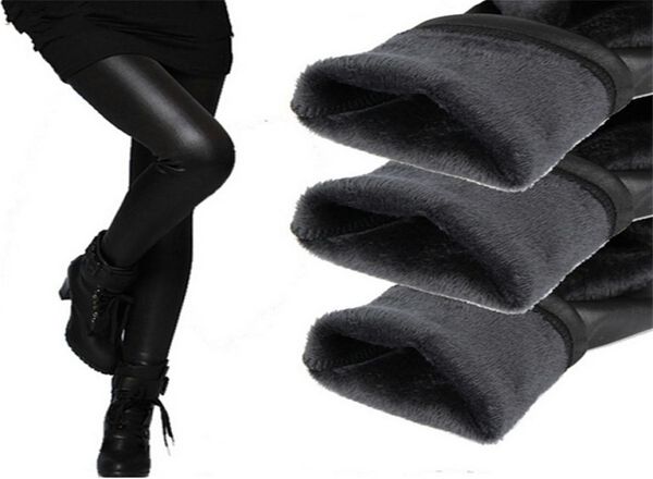 YSDNCHI Leggings de cuero de invierno pantalones de mujer elásticos de cintura alta Leggins cálidos terciopelo grueso negro Push Up 2112043821033