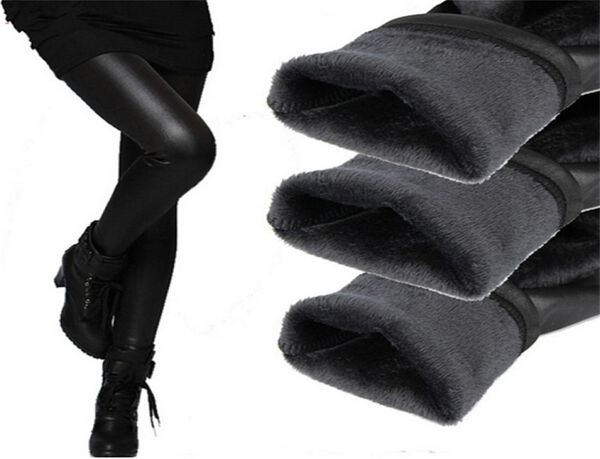 YSDNCHI Leggings de cuero de invierno pantalones de mujer elásticos de cintura alta Leggins cálidos terciopelo grueso negro Push Up 2112043810130