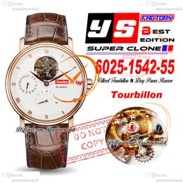 Villeret Real Tourbillon Hand Winding Mens Watch YSF V3 Power Reserve Mechanical 6025-3642-55B Rose Gol White Dial Silver Roman Brown Leather Super Edition Puretime