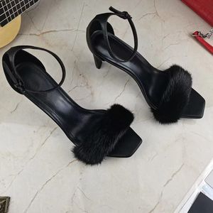 Yslity 2023 Designer Luxe mink Haar Hoge Heels Sandalen YSL Families Dames echte lederen mode Casual schoenen Ladys Sexy Buckle Open Open Teen Stiletto HELED SA