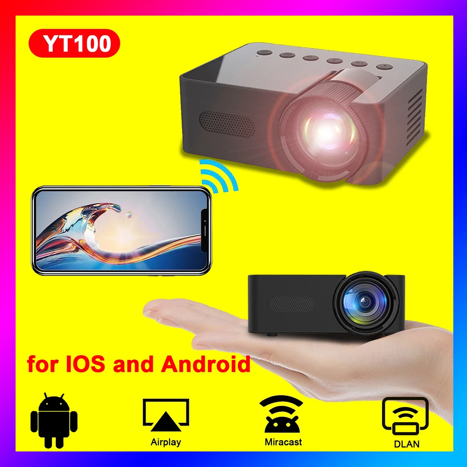 YT100 Mini Projector Black Micro Portable HD Home Wireless Small Mobile Telefon Projection Micro Projector Film Screening