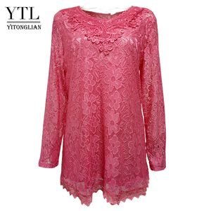 YTL Dames Plus Size Retro Solid Pink Floral Kant Blouse Lange Mouw V-hals Haak Tuniek Top Dames Shirts Tee 6XL 7XL 8XL T200321
