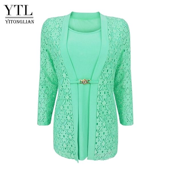 YTL femmes grande taille faux deux pièces 3/4 manches menthe Blouse bureau travail affaires dentelle taille broche tunique chemise haute H384 210225