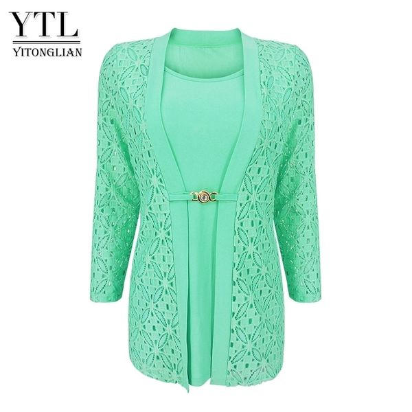 YTL Femme Plus Taille Faux Deux-pièces 3/4 Manches Blouse Menthe Bureau Travail Business Dentelle Taille Broche Tunique Top Chemise H384 210317