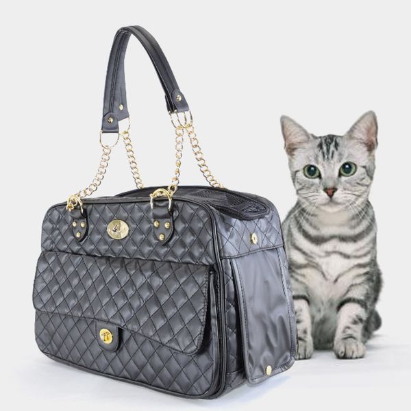 YUEXUAN Diseñador Moda Perros Bolsas de mano Portador de mascotas Bolsas de viaje portátiles Imitación de cuero de PU Malla Transpirable Gato Perro Bolsa exterior Bolso Cachorro Portador 40 * 18 * 27 CM