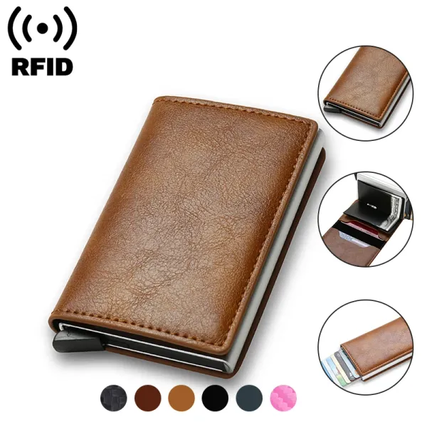 YUEXUAN Diseñador Rfid Titular de la tarjeta de crédito Hombres Carteras Titular de la tarjeta bancaria Caja Pequeña Delgada Delgada Magia Mini Cartera Inteligente Minimalista Monedero Monedero de cuero de lujo al por mayor