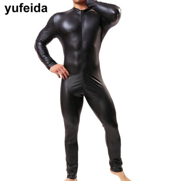 YUFEIDA Sexy Faux cuir hommes pantalons longs combinaisons justaucorps Costume Gay homme sous-vêtements body lutte Singlet PU cuir Suit9918895