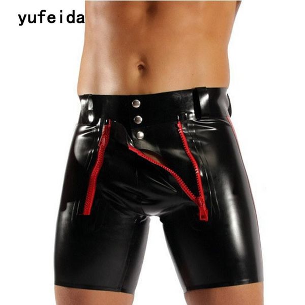 YUFEIDA Sexy Sous-Vêtements Hommes Boxer Shorts Lingerie En Cuir Verni Brillant Élastique Flexible Latex Boxer Serré Mâle Garçon Cueca