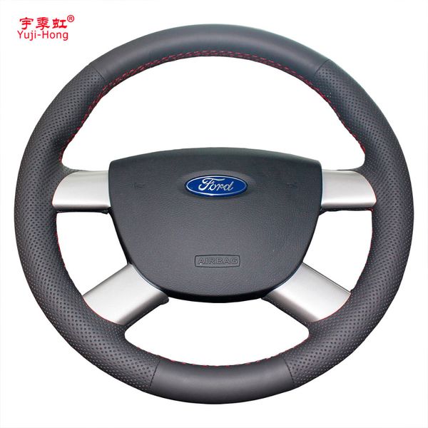 Housse de volant de voiture en cuir artificiel yuji-hong pour Ford Focus couverture noire à 4 rayons cousue à la main