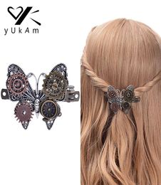 Yukam Steampunk Hair Accessories Vintage Handmade Metal Hair Clips Hairgrips Bronettes Gear Butterfly Clock Decoratie voor vrouwen S5092314
