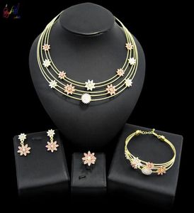 Yulaili Dubai Gold Jewelry Ensembles pour les femmes de fête de fête Fleur Fleurie Collier Collier Boucles Bracelet Ring de mariage Bijoux Bridal5976298