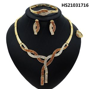 Yulaili Est Dubai or ensembles de bijoux rouge strass collier boucles d'oreilles breloque Brangle anneau femmes fête ensemble de bijoux en gros