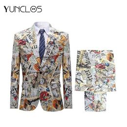 Yunclos hommes 2 pcs costumes pantalon de veste d'impression colorée fête une boucle hommes costume tuexdo traje slim fit hombre fashion graffiti 201106