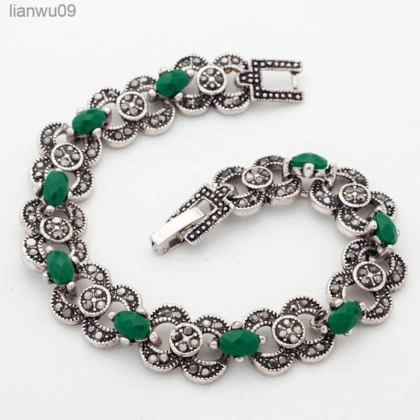 Yunkingdom Mujer India Bohemio Étnico Color Plata Pulseras Piedras Verdes Joyería Al Por Mayor YUN0620 L230704