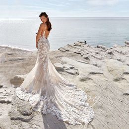 Yunshang Beach Mermaid Wedding Jurk voor vrouwelijke appliques kanten spaghetti riemen vegen trein backless bruidsjurken op maat gemaakt