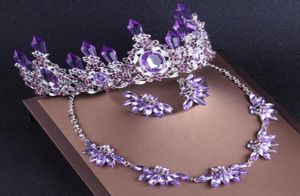 Yunuo Nieuwe Purple Crystal Bridal Necklace oorbellen Crown Tiaras Set Wedding Jurk Accessories Beads711577777499067