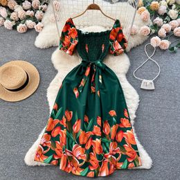 Yuoomuoo Fashion Summer Flower Print Long Robe Femme Vintage Square Couge Rucched Chéch Bandage Sundress Party Vestidos 240424
