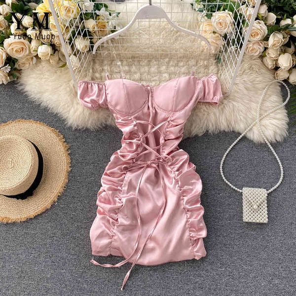 YuooMuoo Ins mode Sexy Mini robe de pansement femmes 2020 été mince froncé Club robe gaine épaules nues rose blanc robe X0521