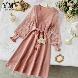 Yuoomuoo romantische vrouwen gebreide roze feestjurk 2020 herfst winter v-hals elegante chiffon lange mouw sjerpen jurk dames jurk x0521