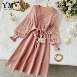 YuooMuoo romantique femmes tricoté rose robe de soirée automne hiver col en V élégant en mousseline de soie à manches longues ceintures robe dames robe 210316