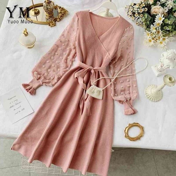 Yuoomuoo mujeres románticas punto rosa vestido de fiesta otoño invierno v cuello elegante gasa manga larga fajas vestido vestido de las señoras 210325