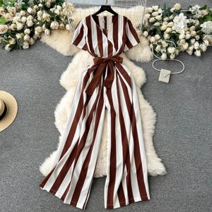 Yuoomuoo vrouwen casual strepen met korte mouwen print long jumpsuit dame elegante wide been jumpsuits zomerkleding voor vrouw 240424