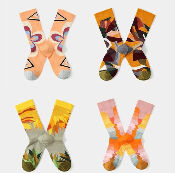 Yuppie hip-hop chaussettes mode européenne américaine française tube moyen genou bas en coton décolorer visage diamant grande fleur rétro camouflage motif Sorrell