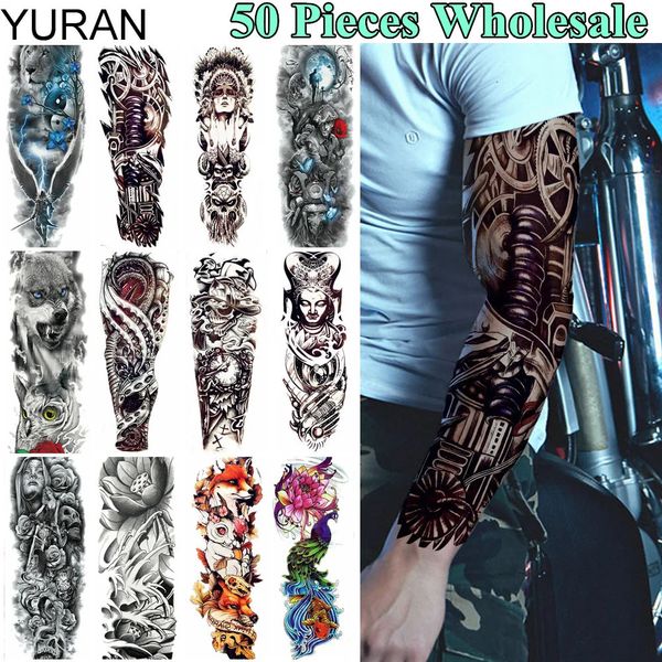 YURAN 50 pièces en gros Long 48x17 CM tatouage temporaire pleine Machine bras jambe Tatoo hommes femmes corps Art fleur autocollants 240311