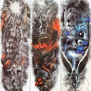 YURAN Cool Men Full Arm Fake Tattoos Temporal Fire Phoenix Angel Warrior Tattoo Sticker para mujeres Henna Lion Knight Tatoo Paper