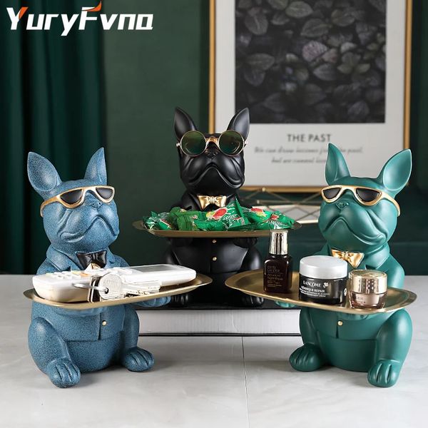 YuryFvna Figurine de bouledogue français avec plateau, sculpture, bureau, rangement, banque de pièces décorative, décoration artistique abstraite pour la maison, 240319