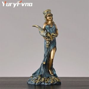 YuryFvna Déesse grecque de la chance et de la fortune StatuesRésine Aveugle Dame tenant la corne Richesse Figurines romaines Décor à la maison 211105