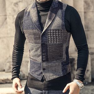 YUSHU Vintage Plaid Laine Tweed Hommes Gilet Slim Fit Revers Gilet Pour Les Garçons De Mariage Formelle Gilet D'affaires Chalecos Para Hombre 201106