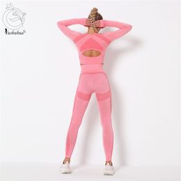 Yushuhua vitale vrouwen sport pak yoga set gym workout kleding lange mouwen fitness crop top + hoge taille energie naadloze beenkappen 210813