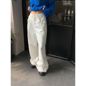 Yuyi White Jeans para mujer 2024 Trece filas Principios de otoño Nuevos pantalones de pierna ancha, pequeños y populares, con borde peludo, tubo recto, barrido en el piso