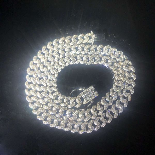 Yuyinggems Collar de cadena cubana de Miami chapado en oro blanco de 14 quilates de alto pulido para mujeres y hombres