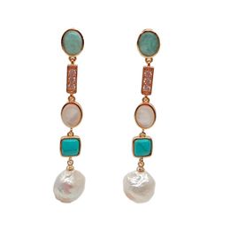 YYGEM 2.3 '' geometrisch goud gevuld Amazoniet Wit Keshi Pearl Shell Blue Turquoise Crystal Pave Dangle Oorbellen Leuk voor vrouwen