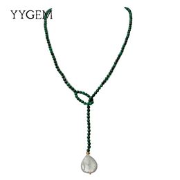 YYGEM 25 '' Naturel Cultured White Keshi Pearl Green Malachite Lariat pull chaîne Collier pour femme