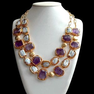 YYGEM 2STRANDS Natuurlijke Gekweekte witte Keshi Pearl Amethyst Faceted Rectangle Gold Filled Rand Chain Statement Necklace 24 