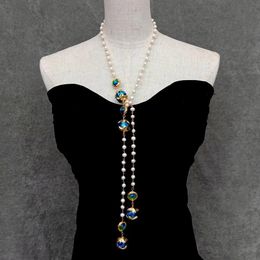 Yygem 6-7 mm d'eau douce Culture Cultired White Pearl Rosary Chain 16 mm Blue Murano Glass Long Collier 38 Bijoux pour femmes filles 240515