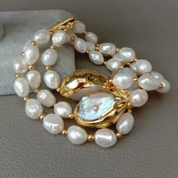YYGEM 8 3 brins de culture blanc baroque perle d'eau douce blanc Keshi perle brin Bracelet pour mariage classique fait à la main 240319