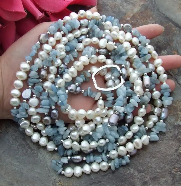 YYGEM 93 puces aigue-marine véritables naturelles blanc Baroque perle d'eau douce sautoir bijoux faits à la main cadeau 240305