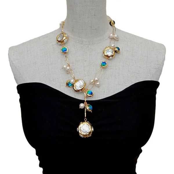YYGEM – collier chaîne en verre de Murano bleu, perle Keshi blanche de culture d'eau douce, remplie d'or, 21 240104