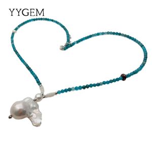 YYGEM Natural Blue Apatiteﾠ Gargantilla redonda facetada Collar Cultivado White Keshi Pearl Colgante para mujer