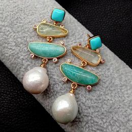 YYGEM naturel géométrique Turquoise ite prehnite blanc perle boucles d'oreilles or rempli style de bureau pour les femmes 220n