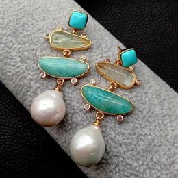 YYGEM naturel géométrique Turquoise ite prehnite blanc perle boucles d'oreilles or rempli style de bureau pour les femmes 300C