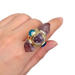 YYGEM naturel violet améthyste Point Druzy brut bleu cristal anneau plaqué or réglable gemmes anneau 231225