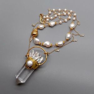 YYGEM Punto de cuarzo natural colgante blanco barroco perla de agua dulce cadena de oro collar llamativo 18 