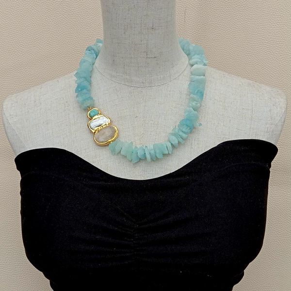 YYGEM naturel blanc Biwa perle bleu aigue-marine rugueuse Amazonite Quartz Druzy connecteur collier ras du cou